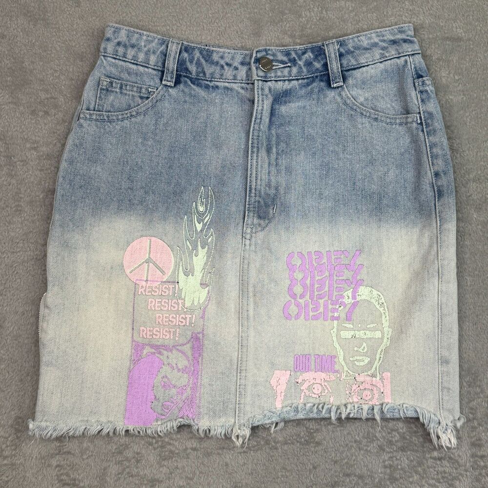 OBEY Worldwide Mini Skirt Womens 27 Blue Denim Punk Graphic Raw Hem Side Zipper